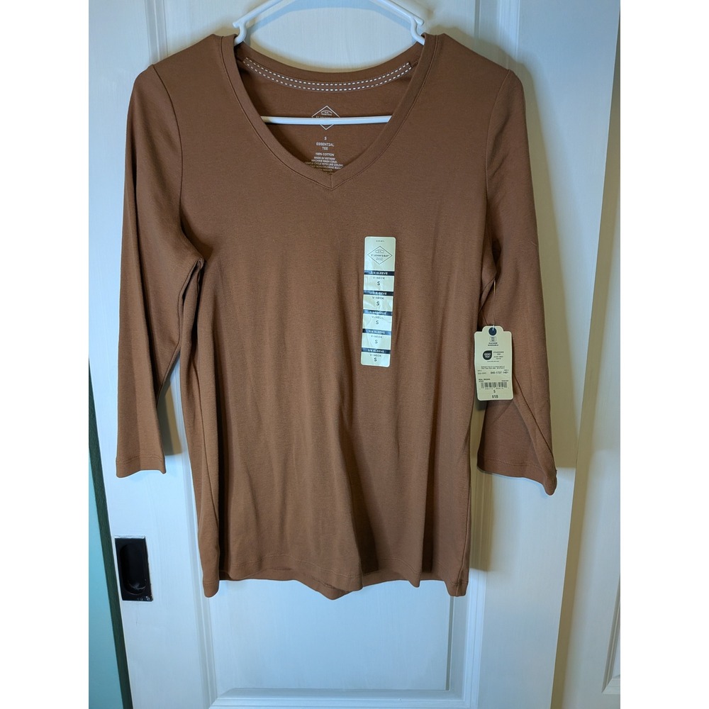 St Johns Bay Essential Tee Brown V-Neck 3/4 Sleeve Cotton Top Small NWT